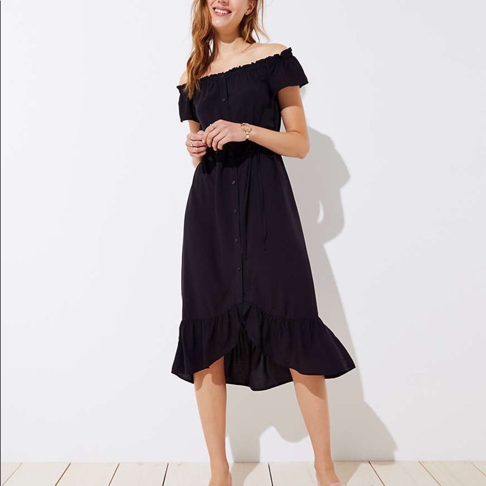 LOFT Black Off Shoulder Midi Dress